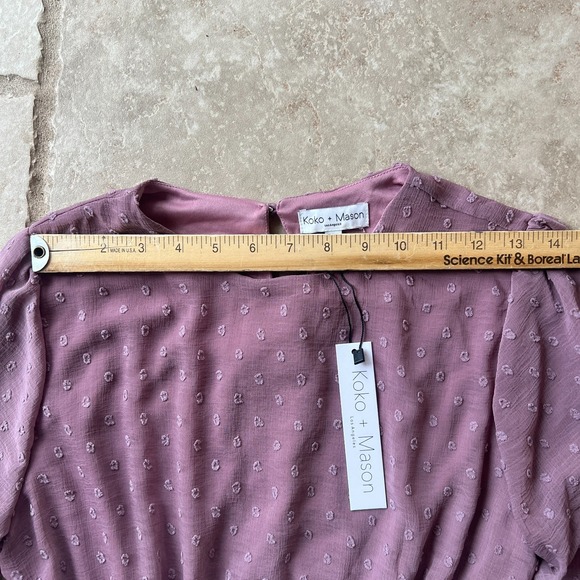 Koko + Mason Mauve Swiss Dot Smocked Waist Tiered Mini Dress Small NEW - Picture 6 of 12